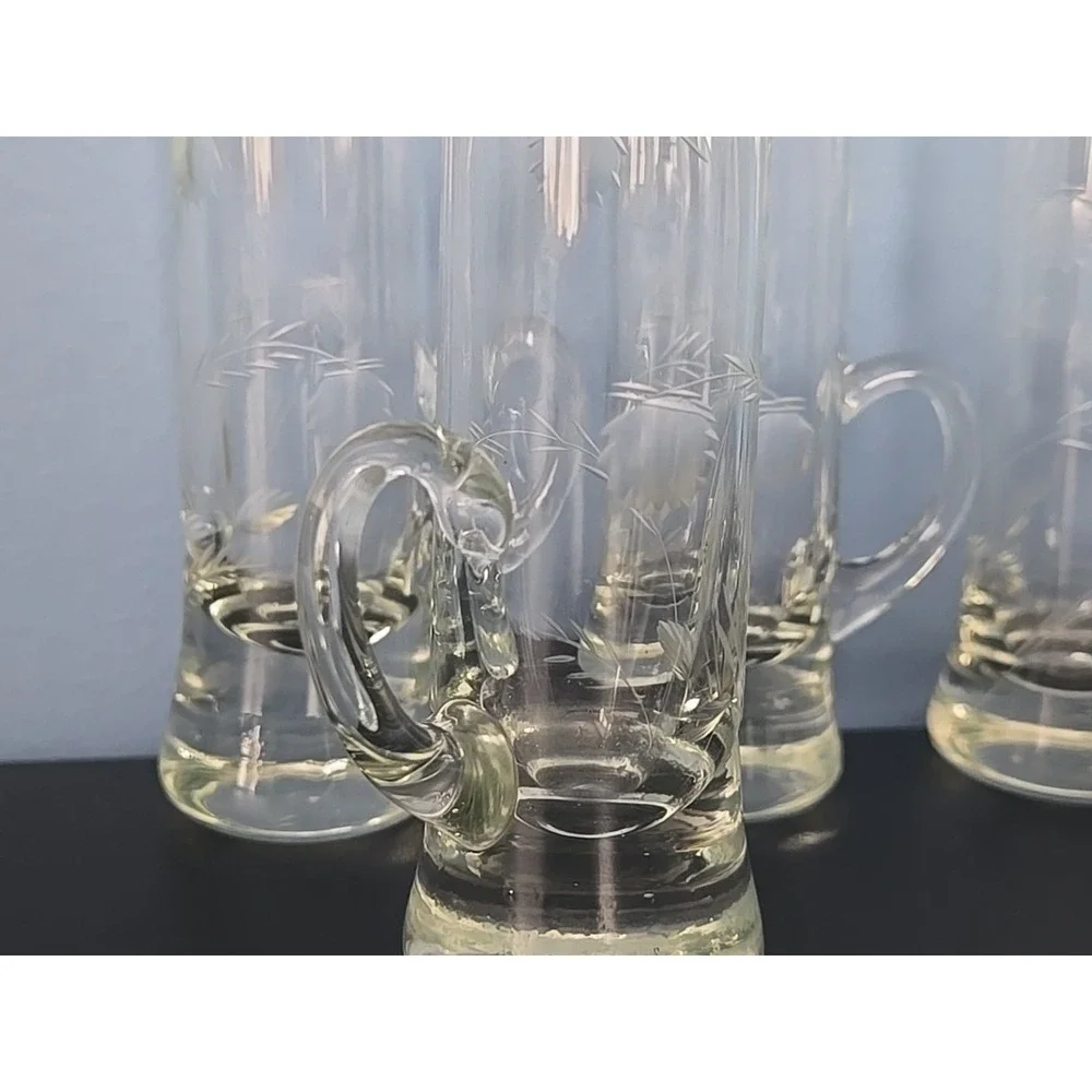 4 Vintage Etched Wheat Glass Handled Cordial‎ Liqueur Aperitif Shot Glasses